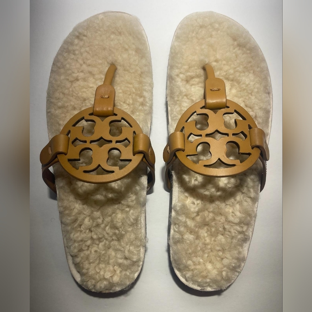 NWT Tory Burch Women's Miller Cloud Shearling Sandal Slide In Brown Size 7.5